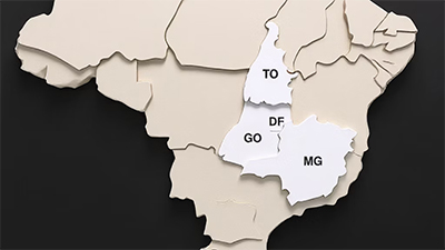Mapa do Brasil com destaque para os estados de Tocantins, Distrito Federal, Goiás e Minas Gerais